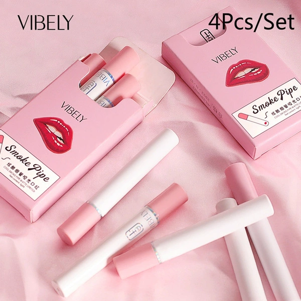 Vibely New Fashion 4 Colors/set Cigarette Shape Lipstick Matte Waterproof Matt Long-lasting Smoke Tube Lipstick Velvet Red Lip Tint Makeup