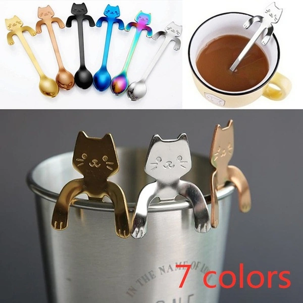 Cute Cat Spoons Stainless Steel Cat Hanging Tea Coffee Spoon Creative Little Cat Flatware Ladle Spoons