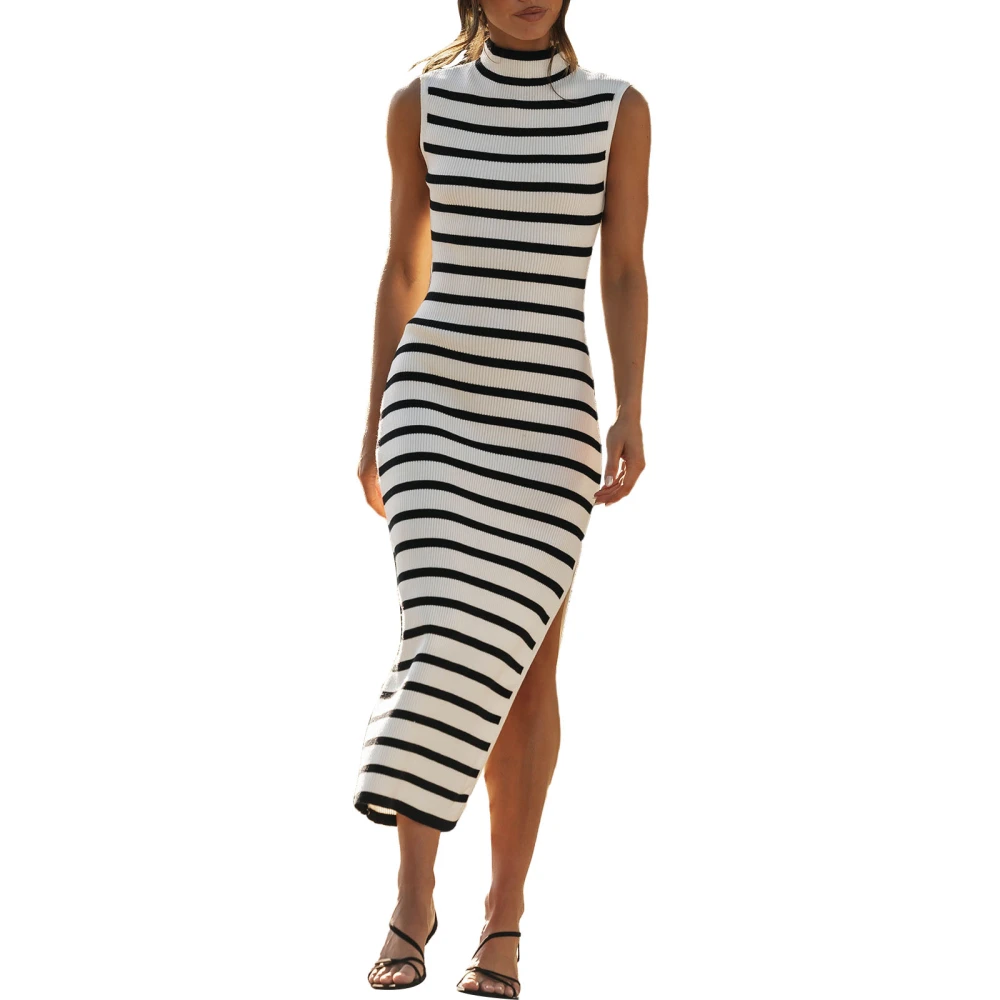 Women's Midi Knit Dress Stripe Print Sleeveless High Neck Slit Dress