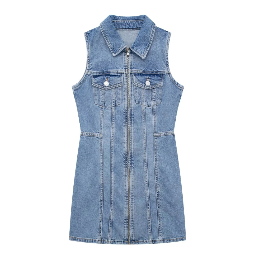 Women's Summer Denim Tank Dress Lapel Sleeveless Zip-up Dress