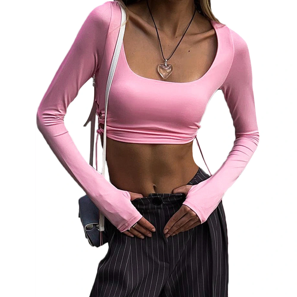 Women Crop Long Sleeve Tops Drawstring Cutouts Basic Shirt Pullovers