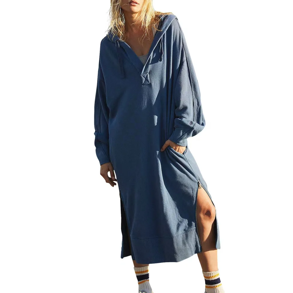 Women Fall Hoodies Dress Solid Color Drawstring Sweatshirts Dress