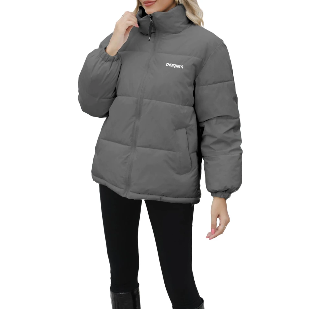 Women's Down Puffer Coat, Letter Print Long Sleeve Zip Jacket