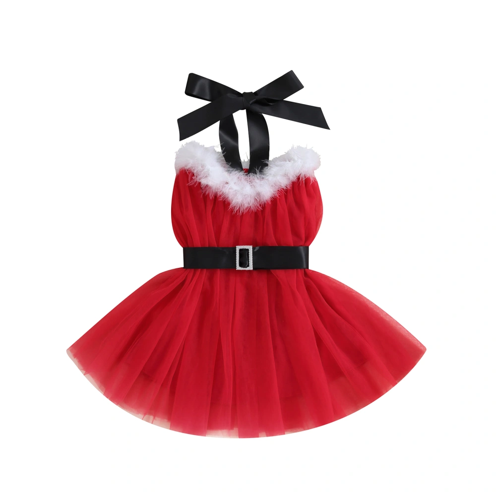 Baby Girls Princess Dress Christmas Halterneck Tulle Dress with Belt