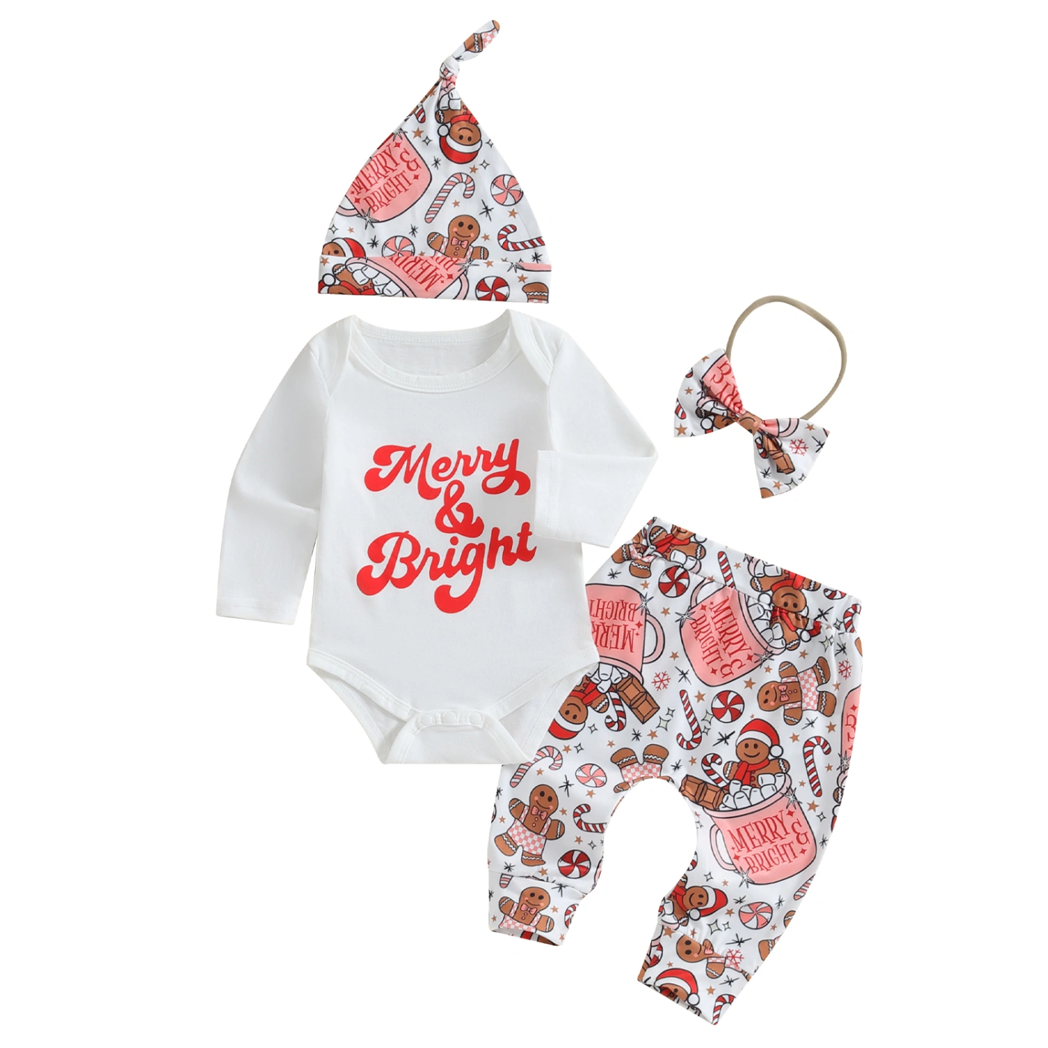 Baby 4 Piece Outfits Christmas Rompers and Pants Beanie Headband