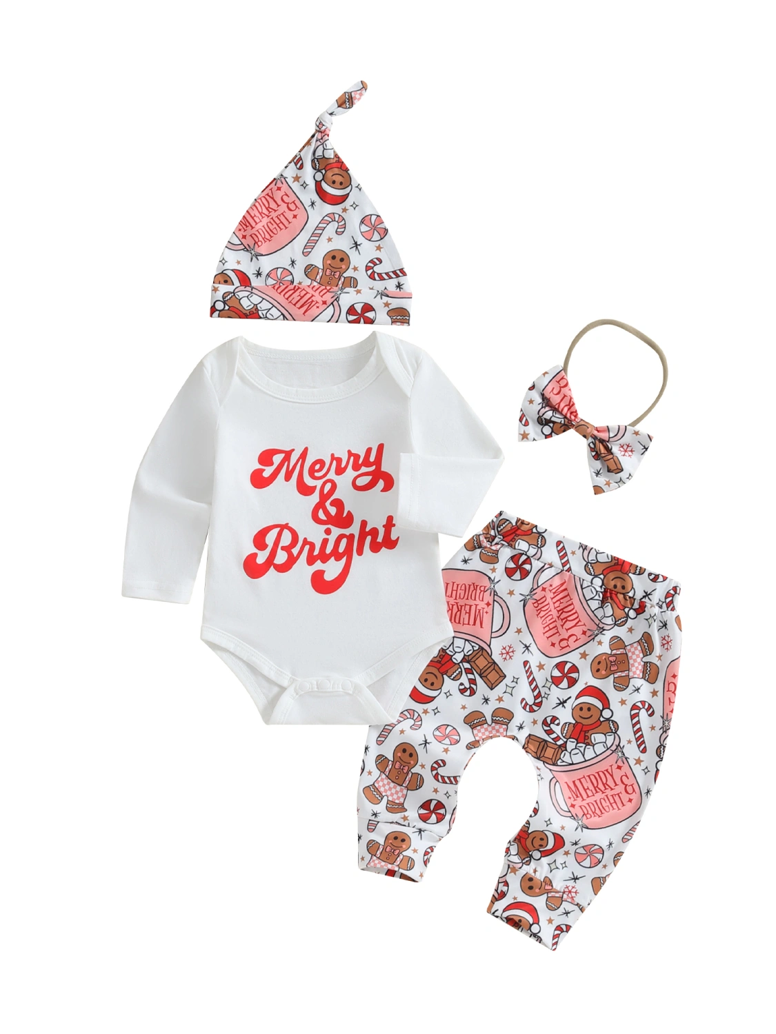 Baby 4 Piece Outfits Christmas Rompers and Pants Beanie Headband