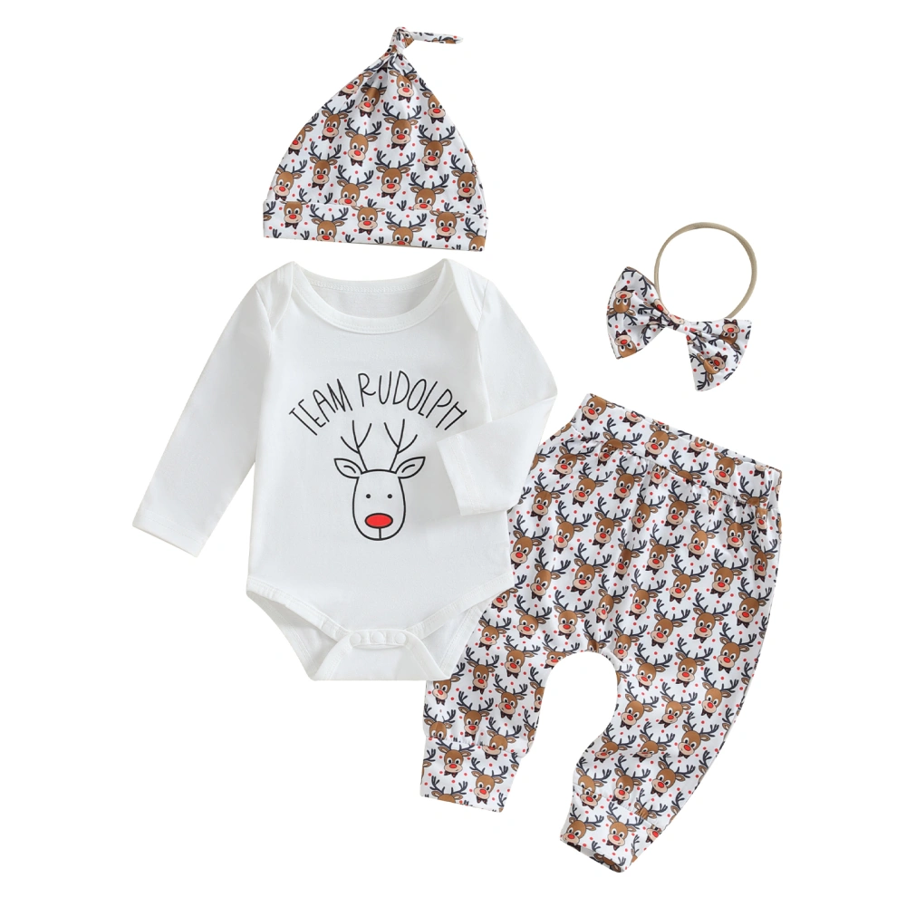 Baby Long Sleeve Letter Print Romper Elk Print Pants Headband Hat Sets