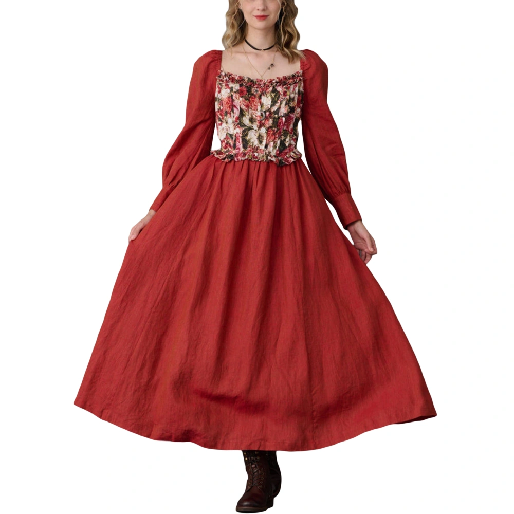 Women’s Renaissance Dress Long Puff Sleeve Square Neck A-Line Dress