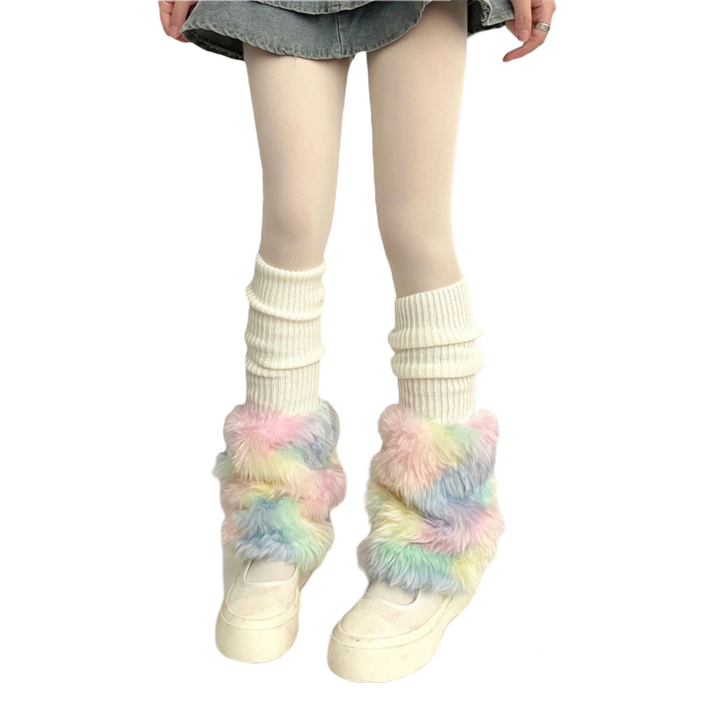 Women's Ribbed Leg Warmers Colorful Fur Trim Knee High Socks