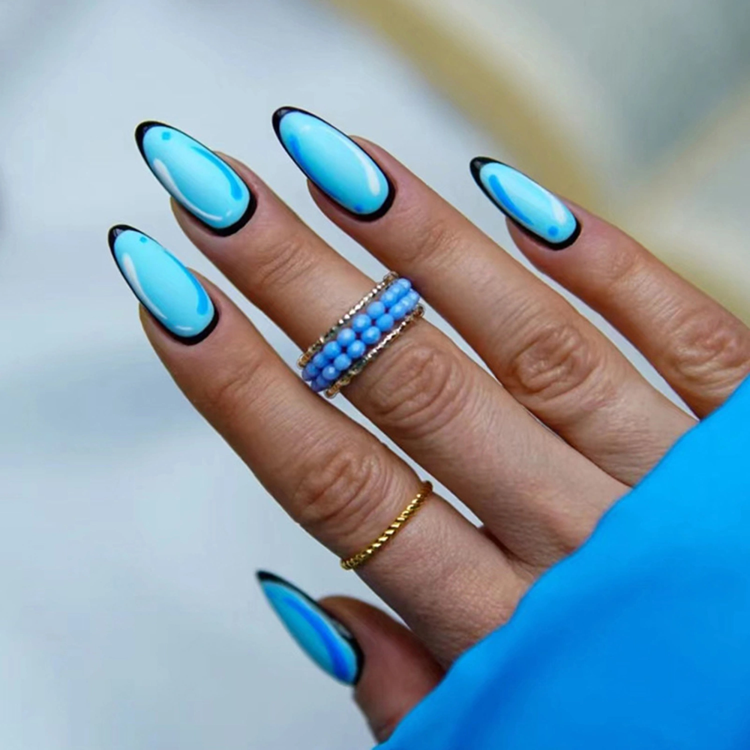 Press on Nails 24Pcs Medium Length Fake Nails with Blue Anime Designs