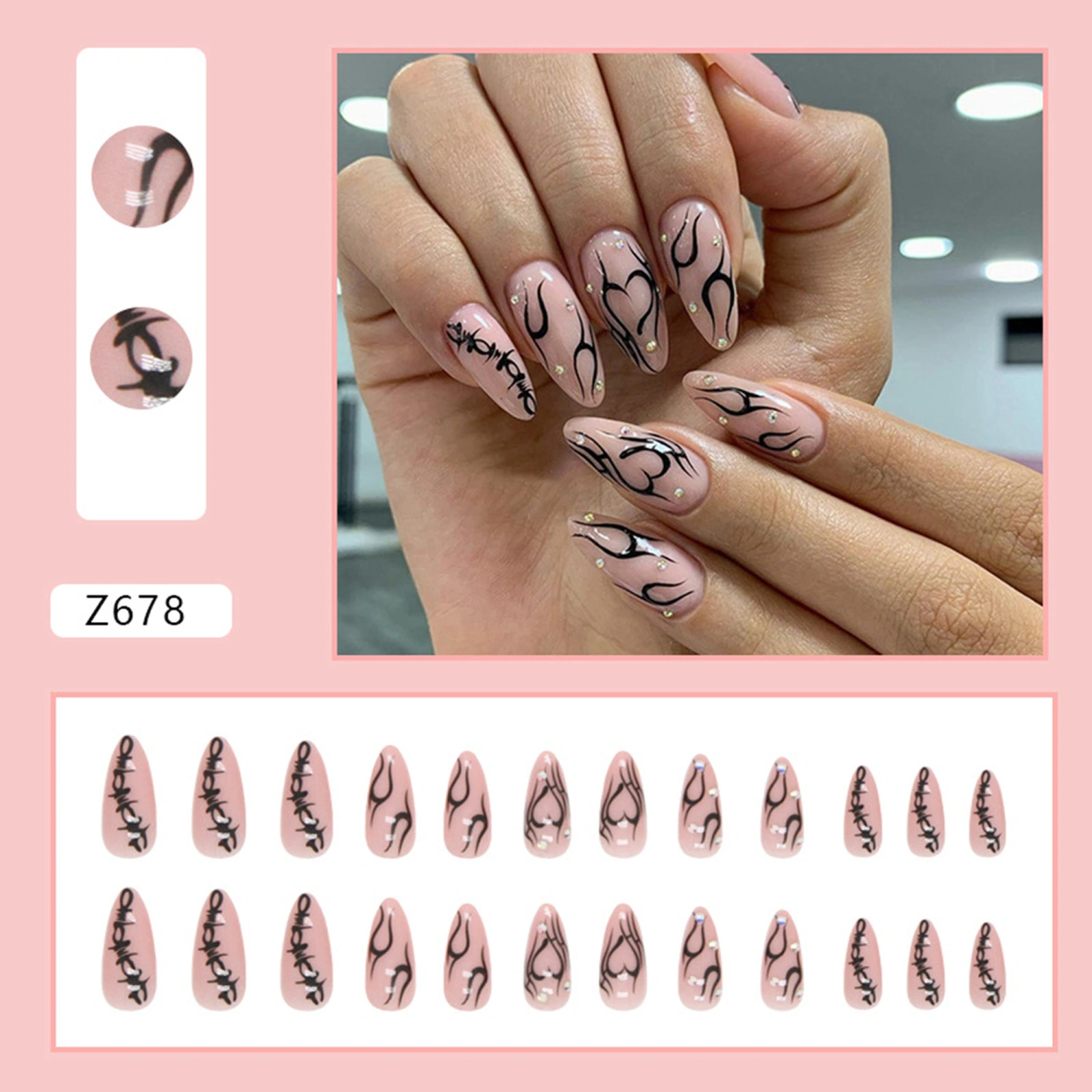 Halloween Artificial Nails Set Heart Rhinestones False Nail Tips