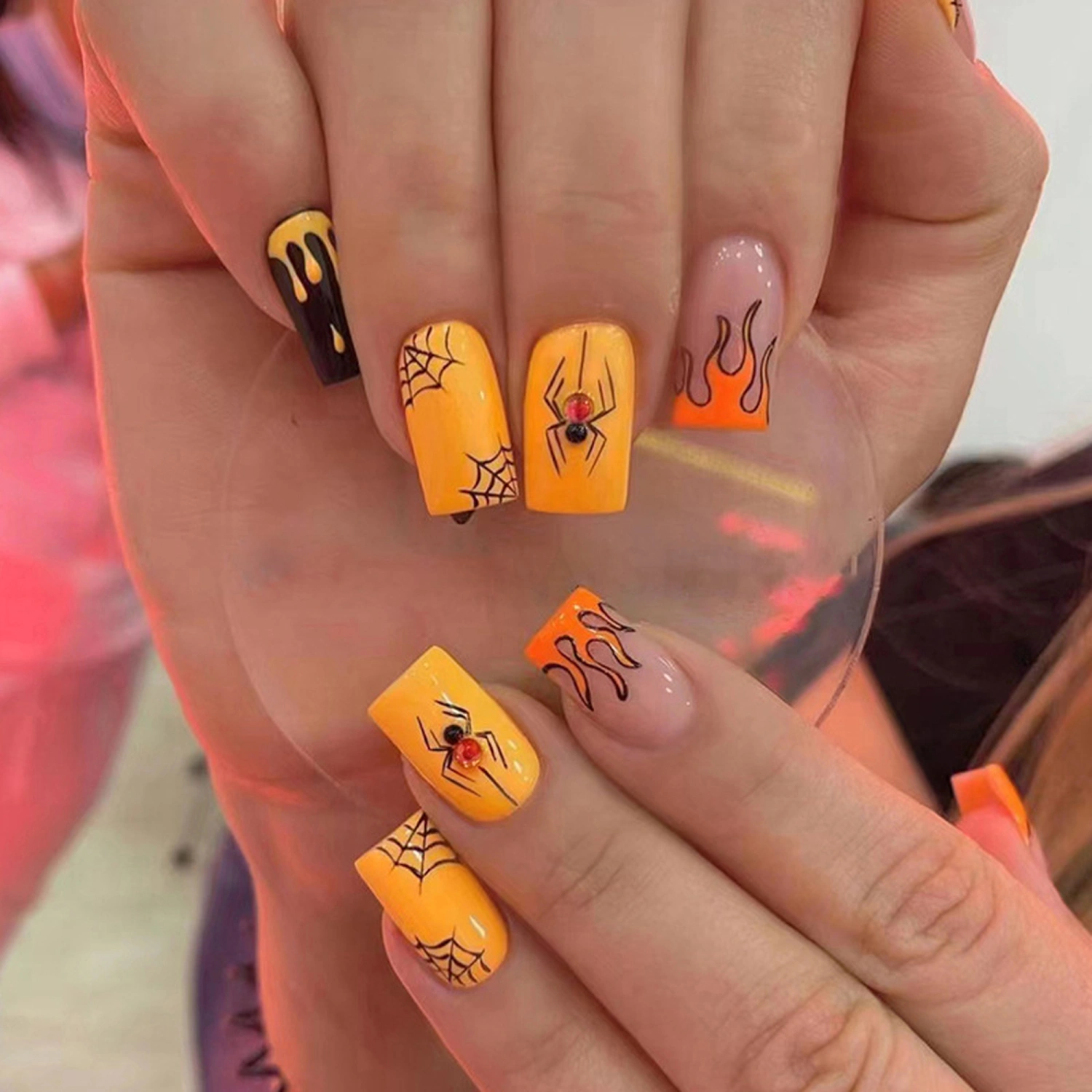 Halloween Press on Nails 24Pcs Square Nails with Spider Flame Design