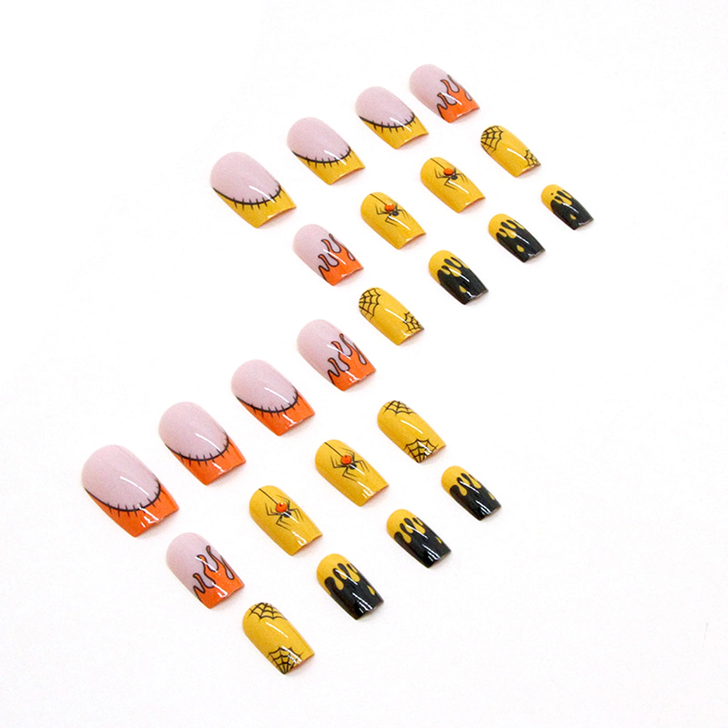 Halloween Press on Nails 24Pcs Square Nails with Spider Flame Design