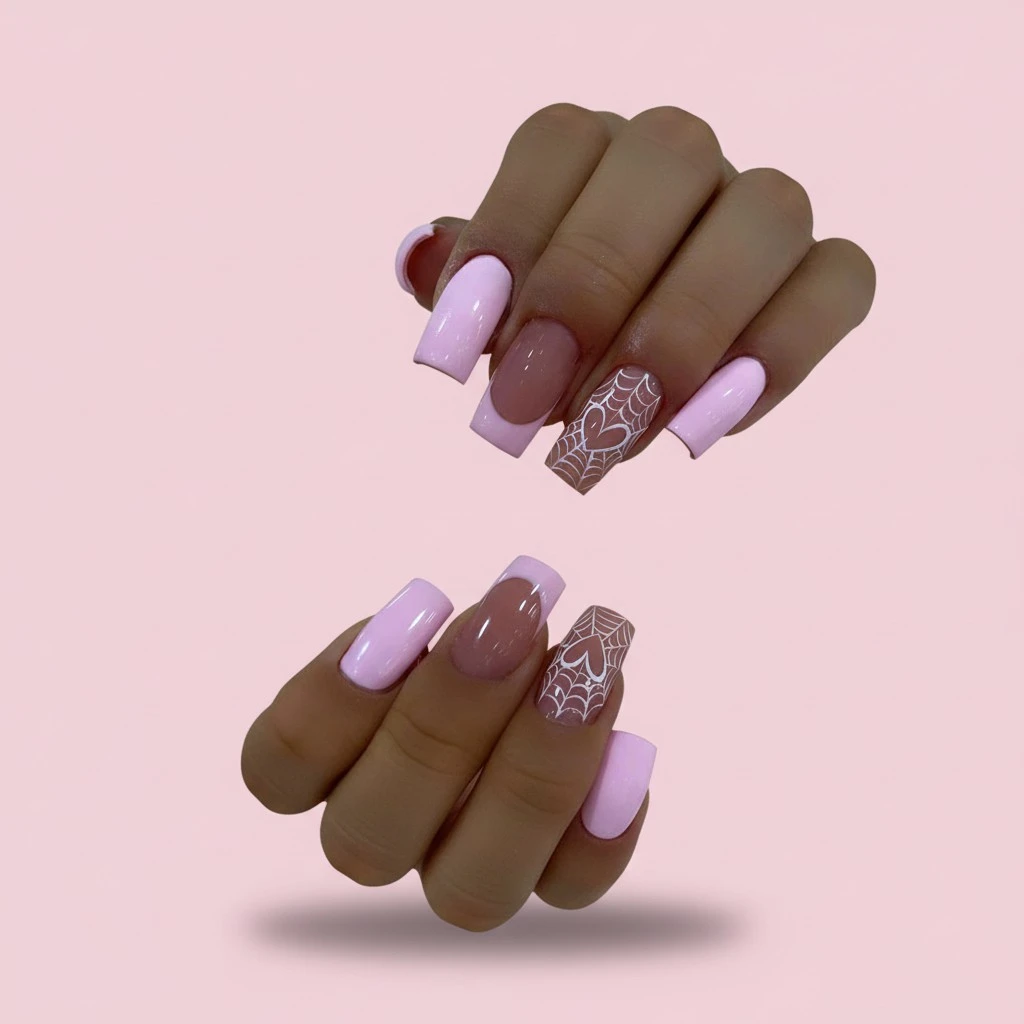 Halloween Press on Nails 24Pcs Fake Square Nails with Heart Web Design
