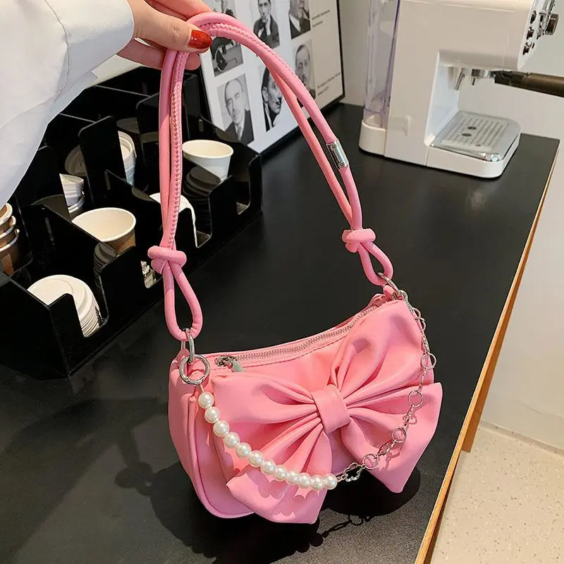 Bowknot Pearl Chain Underarm Bag Women's New Fashion Spicy Girl Style Small High Quality Single Shoulder Crossbody Bag