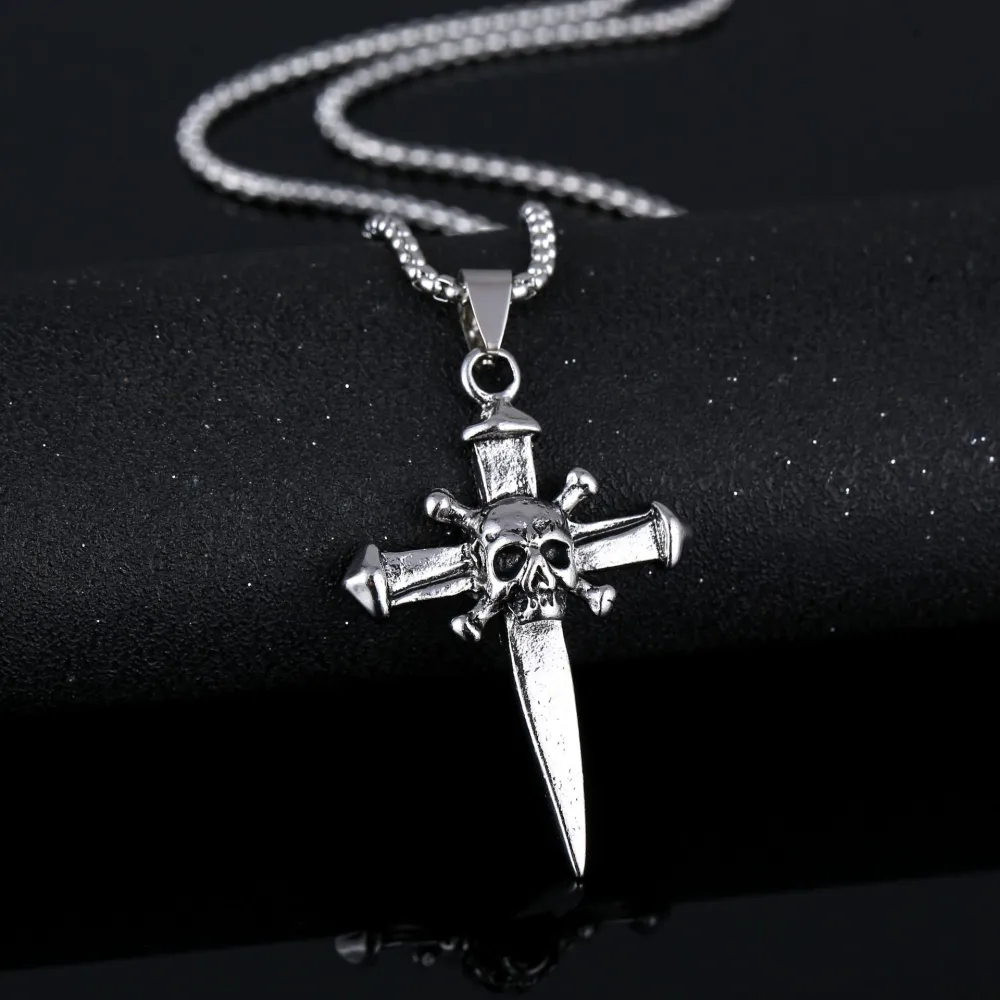 Men's Stainless Steel Skull Cross Biker Pendant Necklace