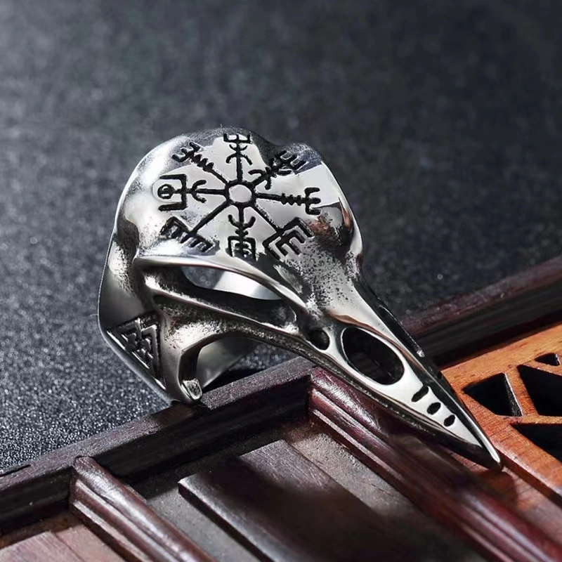 Cool Man Retro Viking Crow Skull Ring 316l Stainless Steel Ring Nautical Compass Triangle Rune Amulet Jewelry Men's Gift