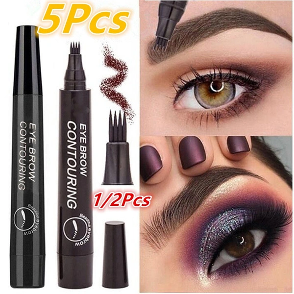 5Pcs Microblading Tattoo Eyebrow Pencil Waterproof Fork Tip 4 Head Fine Sketch Liquid Eyebrow Enhancer Dye Tint Pen 5 Colors