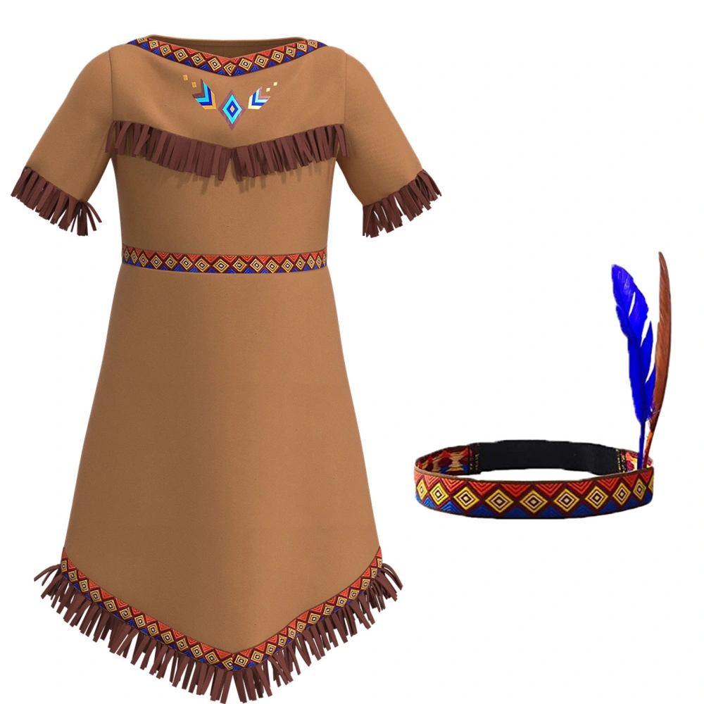 Girls Native American Costume, Tassel Print Dress + Feather Hairband