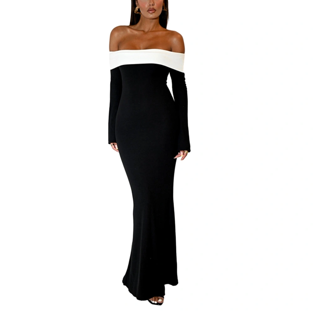 Women's Off Shoulder Bodycon Dress Long Sleeve Contrast Color Gown