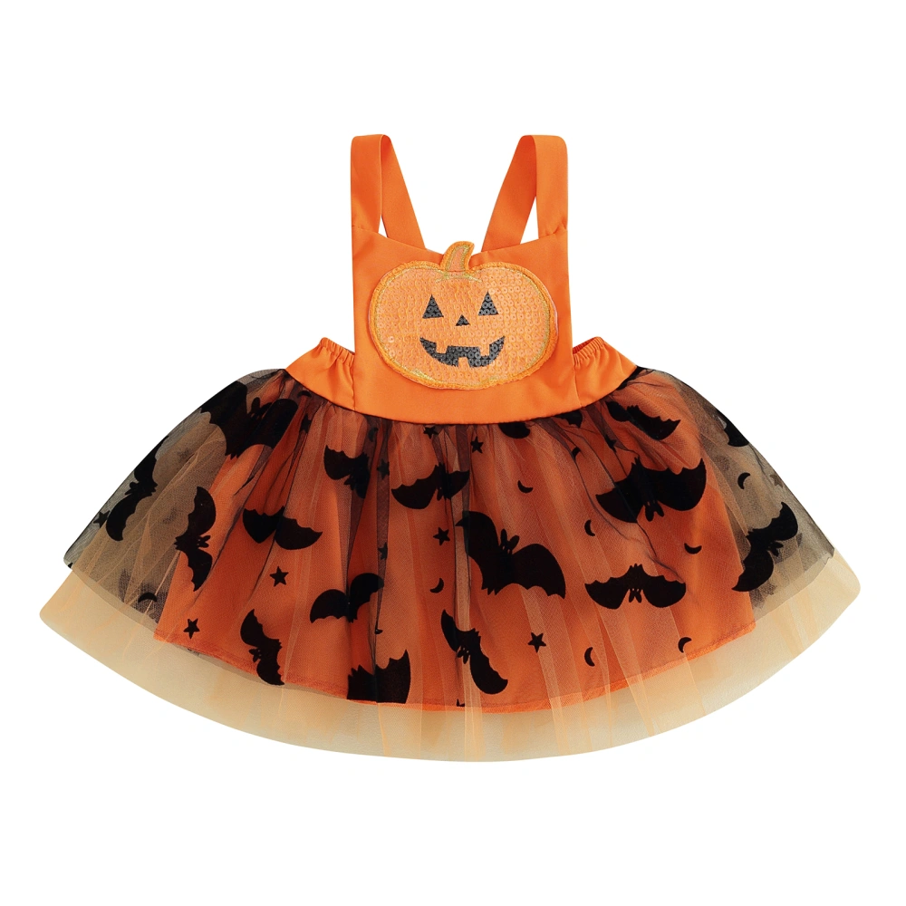 Girl Halloween Costume Dress, Pumpkin Pattern Bat Tulle Sling Dress