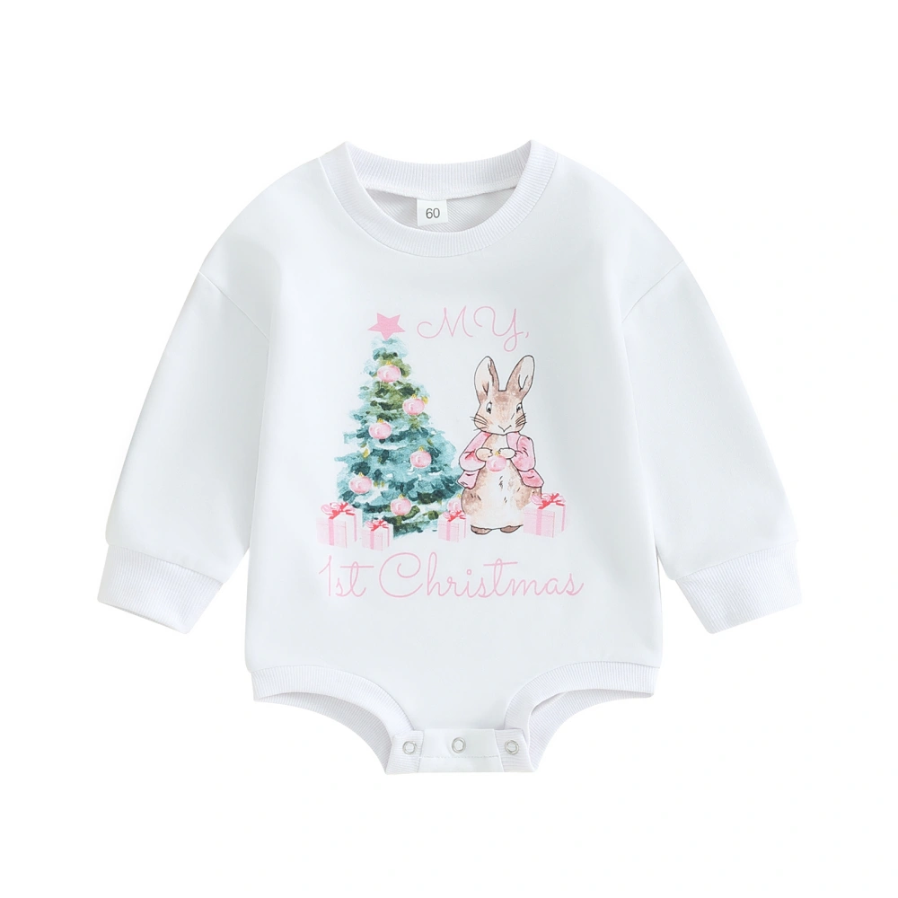 Baby Girls Christmas Romper, Long Sleeve Tree Rabbit Print Bodysuit