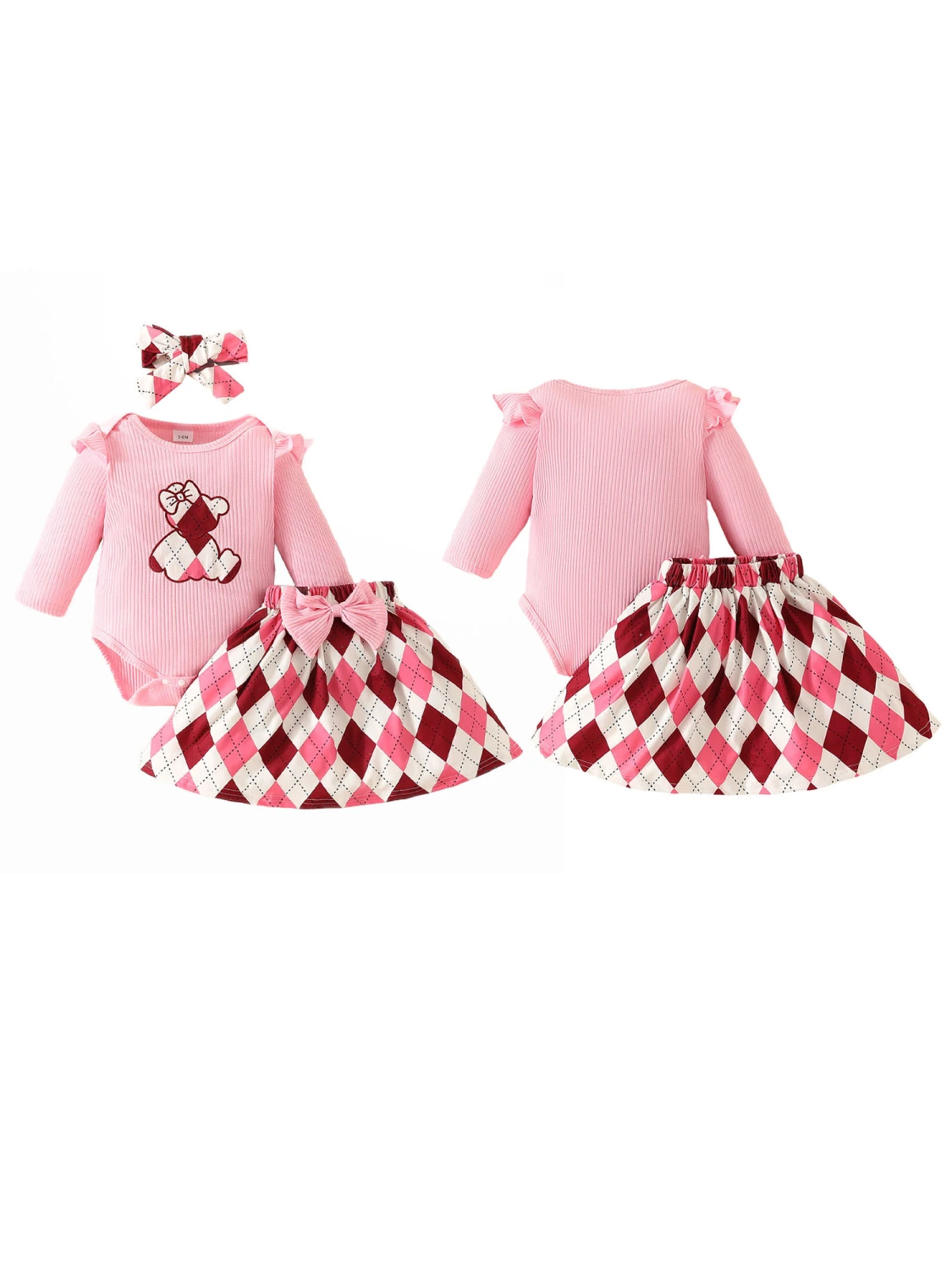 Baby Girls 3-piece Outfit, Embroidery Bear Romper Plaid Skirt Headband
