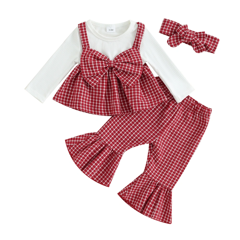 Baby Girl Fall Outfits Plaid Bowknot Crew Neck Tops Pants Headband