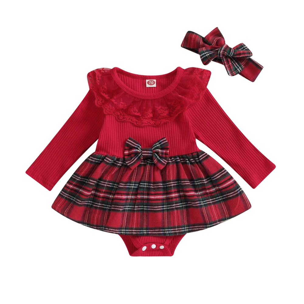 Baby Girls Long Sleeve Rompers Plaid Lace Jumpsuits Dress Headband