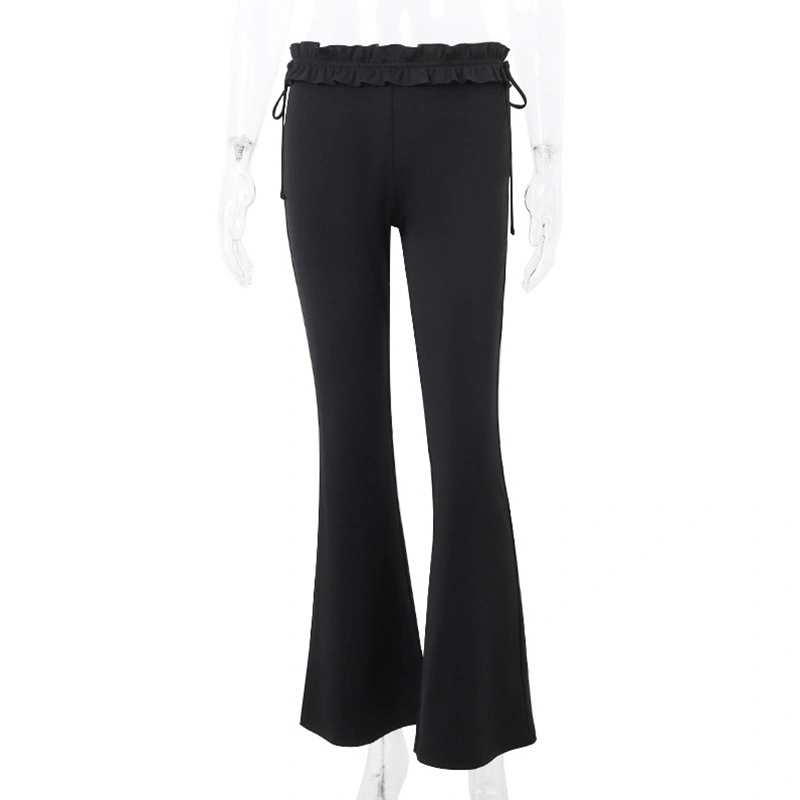 Women’s Flare Pants Frill Trim Low Waist Solid Color Bell-Bottoms 