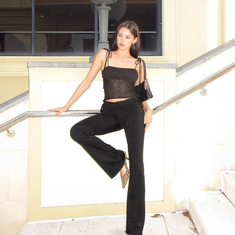 Women’s Flare Pants Frill Trim Low Waist Solid Color Bell-Bottoms 