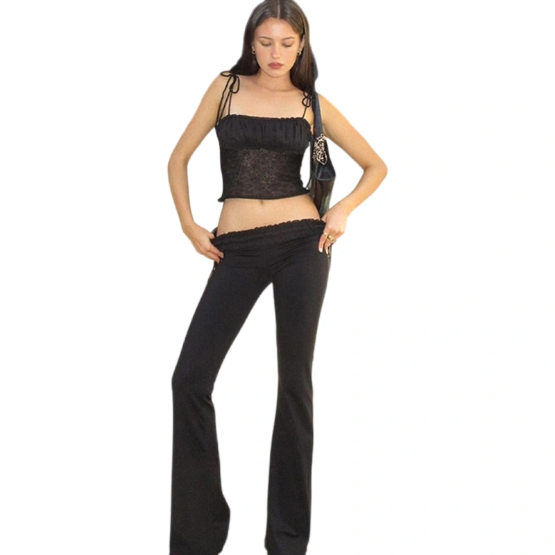 Women’s Flare Pants Frill Trim Low Waist Solid Color Bell-Bottoms 