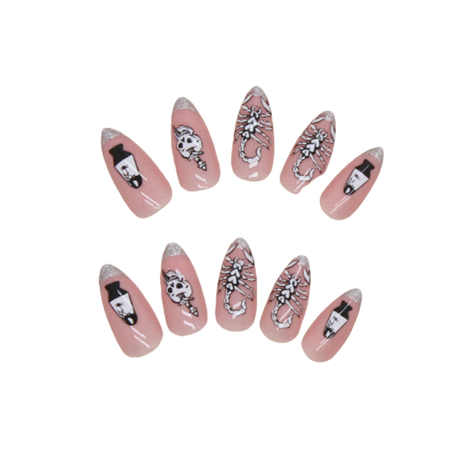 Halloween Fake Nail Pink Press on Nail Skull Snake Scorpion False Nail