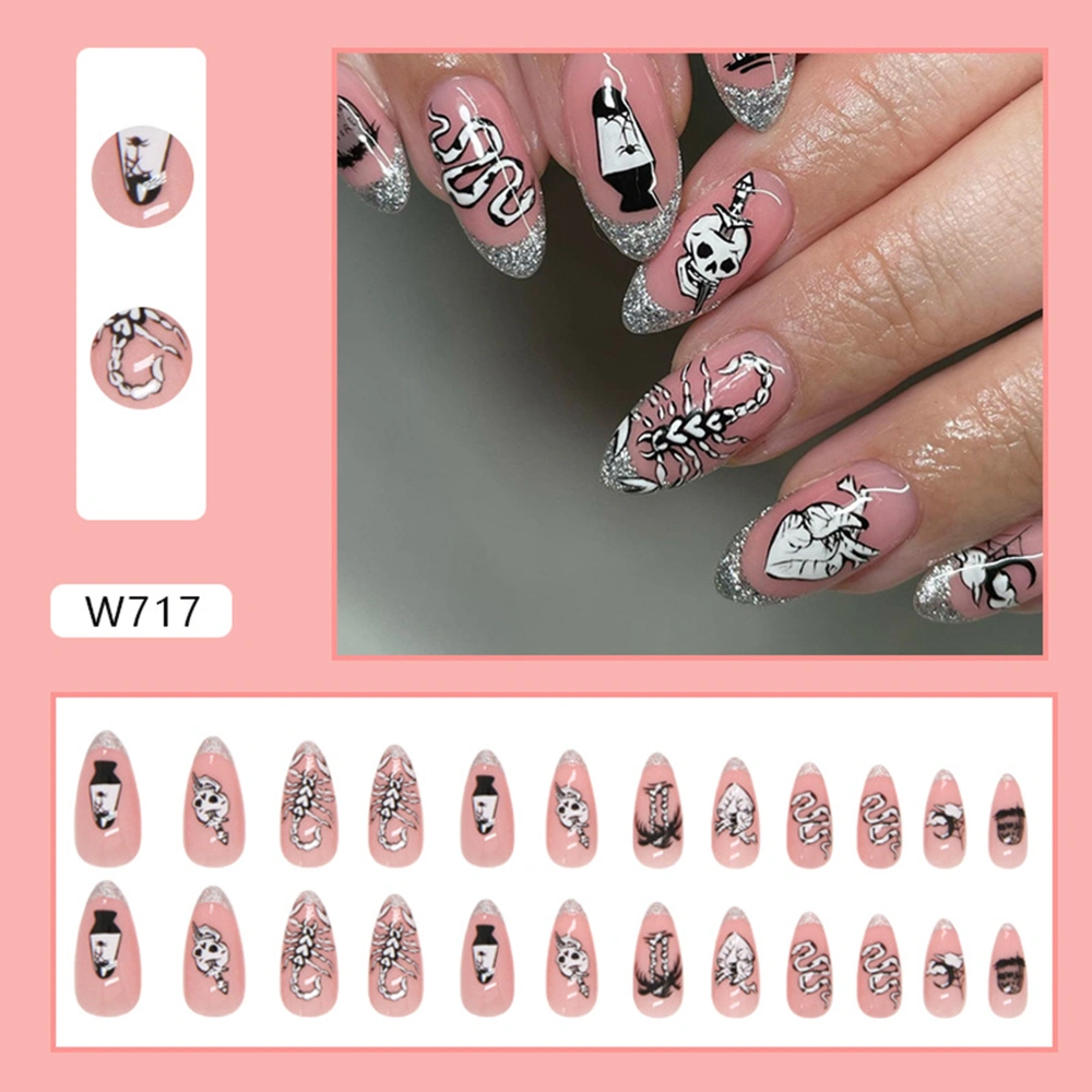 Halloween Fake Nail Pink Press on Nail Skull Snake Scorpion False Nail