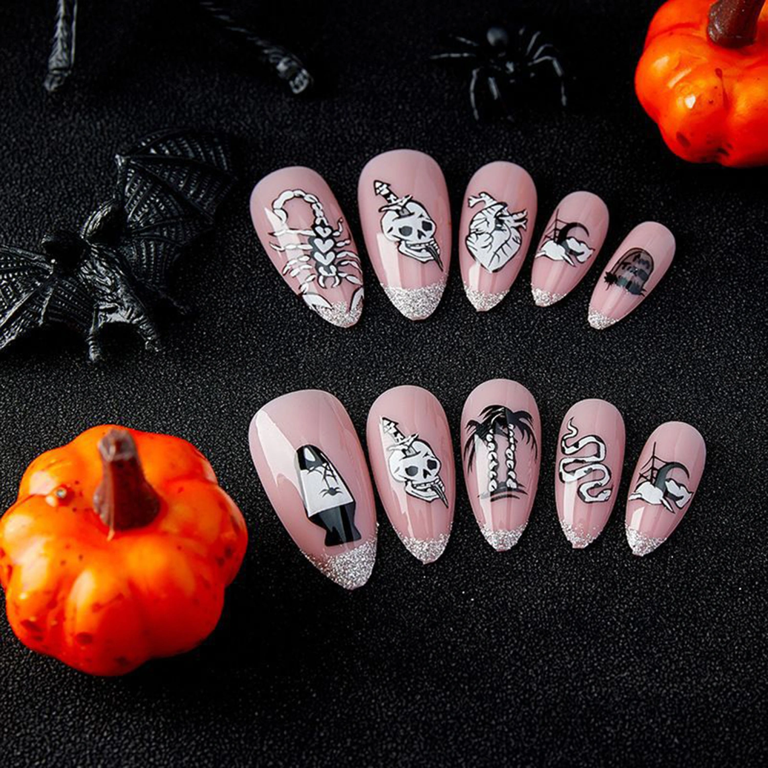 Halloween Fake Nail Pink Press on Nail Skull Snake Scorpion False Nail