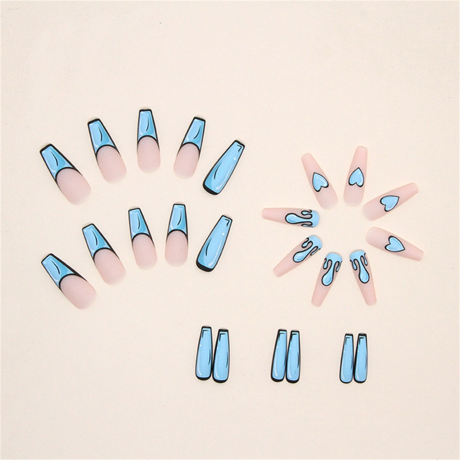 24PCS Press on Nails, Blue Graffiti Heart Stick on Nails for Woman