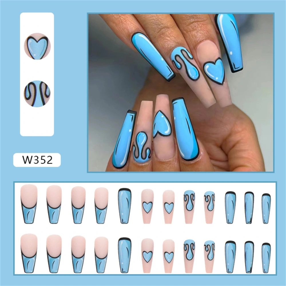 24PCS Press on Nails, Blue Graffiti Heart Stick on Nails for Woman