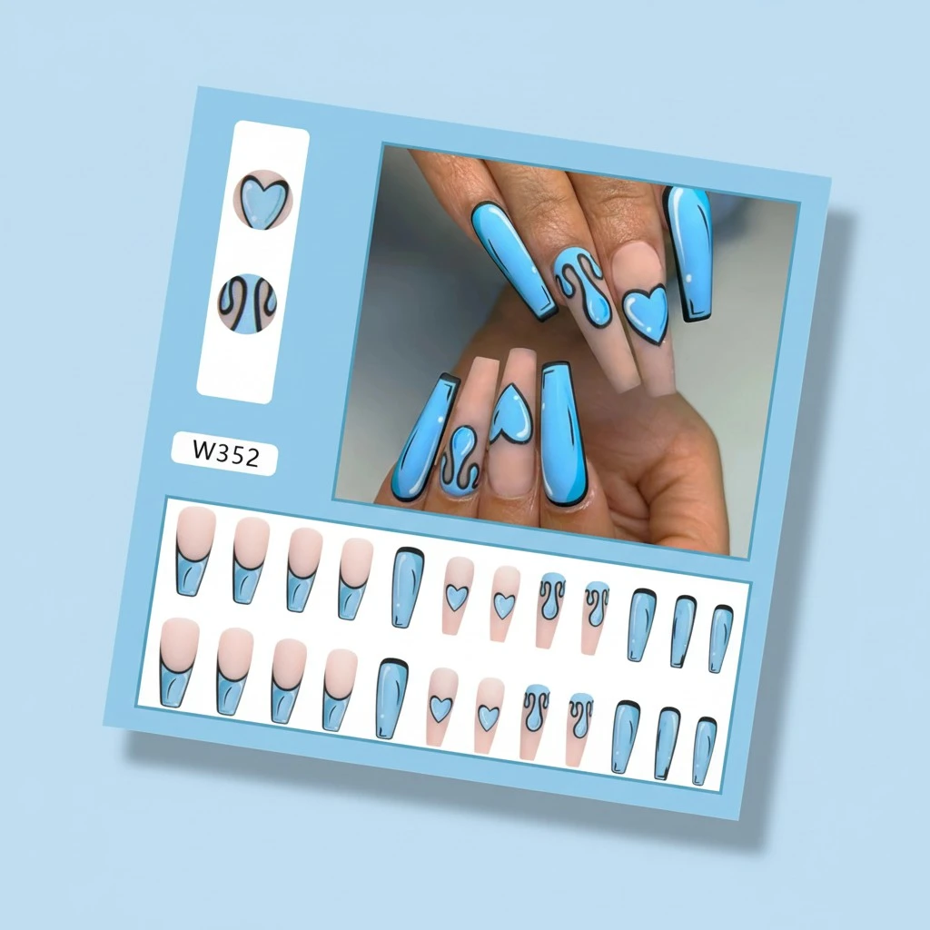 24PCS Press on Nails, Blue Graffiti Heart Stick on Nails for Woman