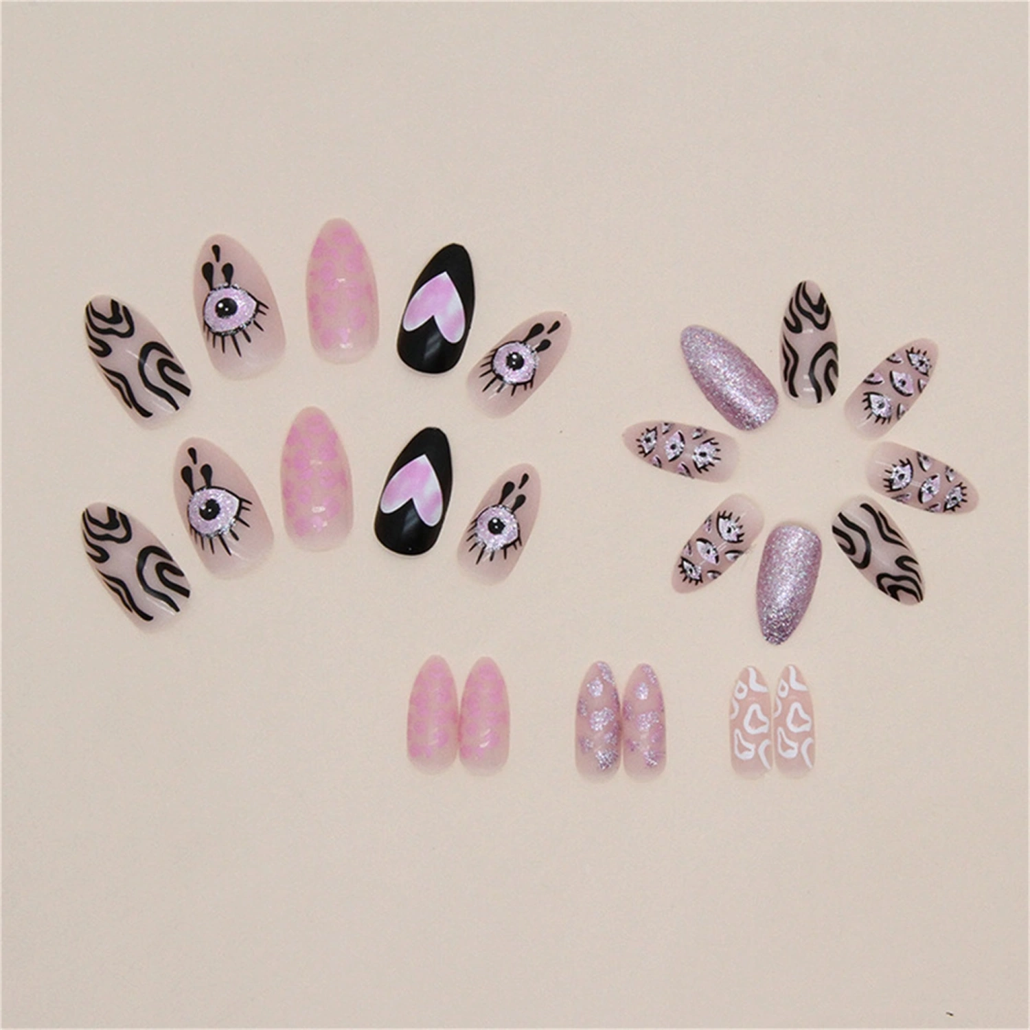 Almond Press on Nails 24Pcs Short Fake Nails with Eye Heart Designs