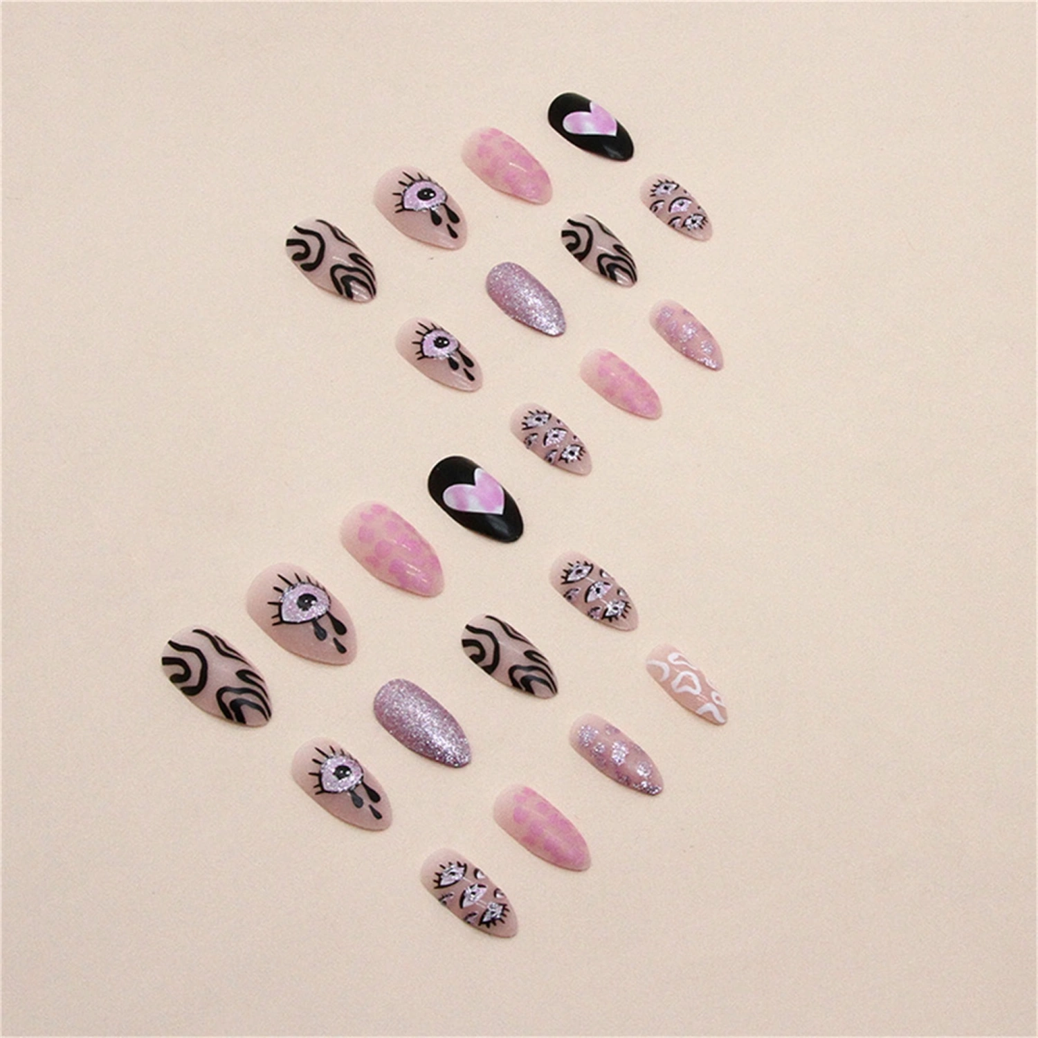 Almond Press on Nails 24Pcs Short Fake Nails with Eye Heart Designs