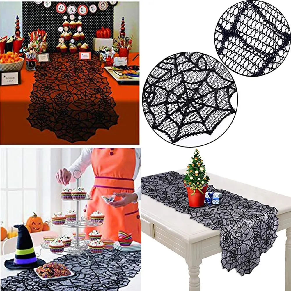 Halloween Polyester Lace Dinner Parties Table Runner Black Spider Web Decor