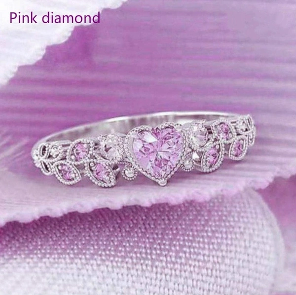 Exquisite Woman Fashion Sterling Silver Natural Pink Gem rhinestones Leaf Heart Ring Elegant Noble Princess Proposal Engagement Charming rhinestones Ring Anniversary Gift Birthday Party Ring Romantic Bride Wedding Eternal Jewelry Size US4-11 (4 Colors)