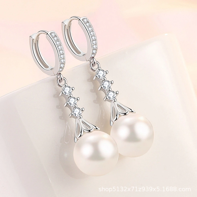 12MM Pearl Earrings 925 Sterling Silver Cubic Zircon Earrings Long Dangle Earrings Fashion Jewelry