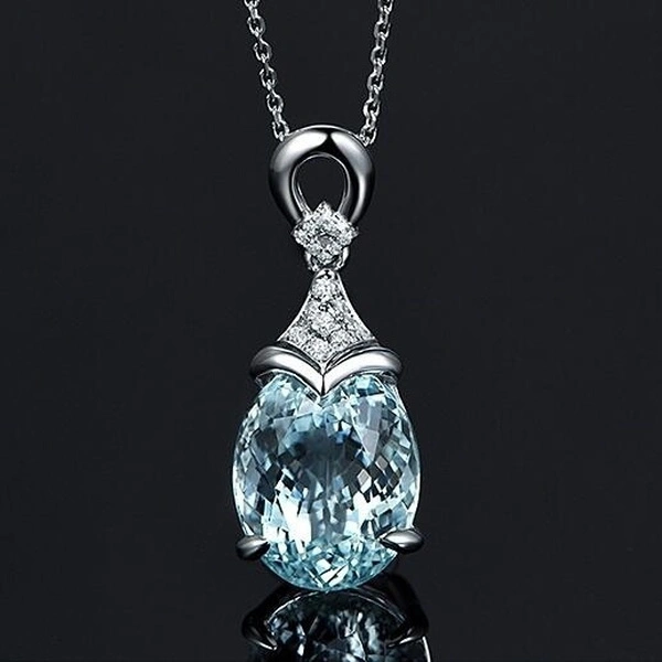 Fashion Women's 925 Sterling Silver Chain Necklace + Aquamarine Gemstone Pendant