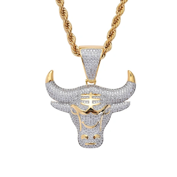 Fashion Full Rhinestone Cow Head Pendant Necklace Bling Ice Out Stainless Steel Gold Necklace Men's Jewelry