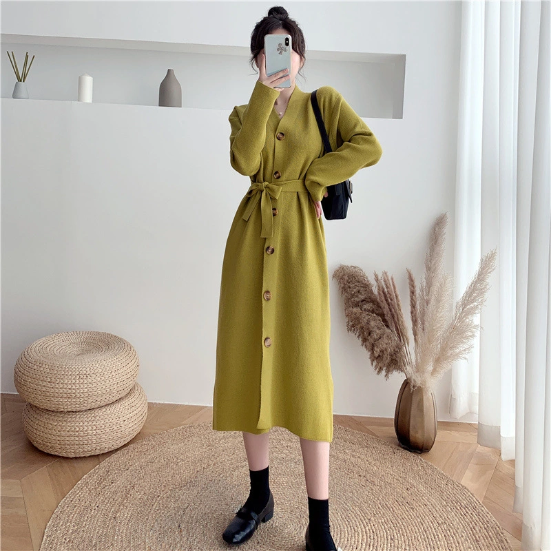 Fashion Autumn Winter Women Thicken Dress V Neck Black Green Knitting Buttons Cardigan Dress Oversized Knit Warm Midi Shirt Dress