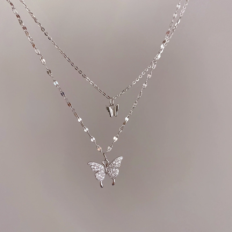 925 Sterling Silver Shiny Butterfly Necklace, Ladies Exquisite Double-layer Clavicle Chain Necklace Jewelry Fashion New Simple Small Fresh Female Necklace Wedding Engagement Party Banquet Birthday Gift Jewelry Accessories