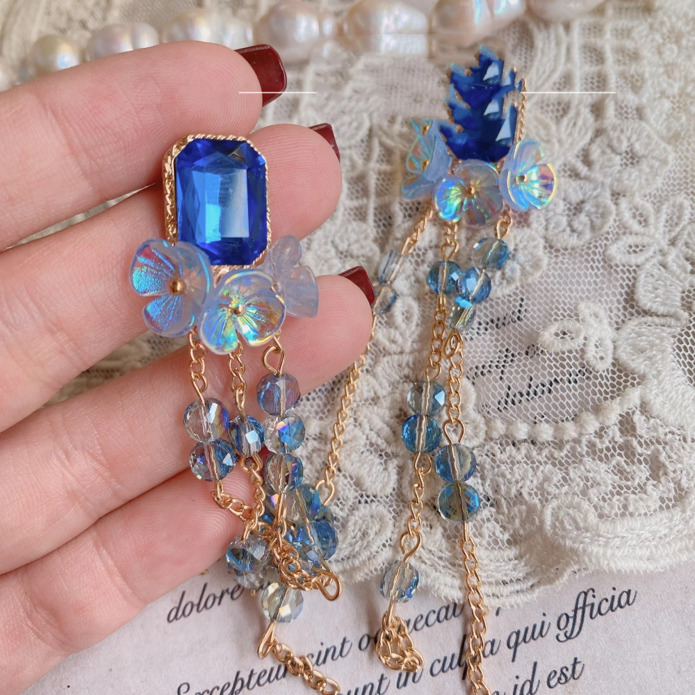 Vintage Rococo Style Purple Blue Tassel Long Earrings