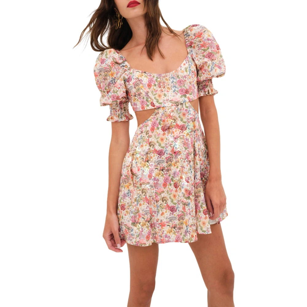 Women's Summer Floral Print Dress Short Puff Cutout Waist A-Line Dress