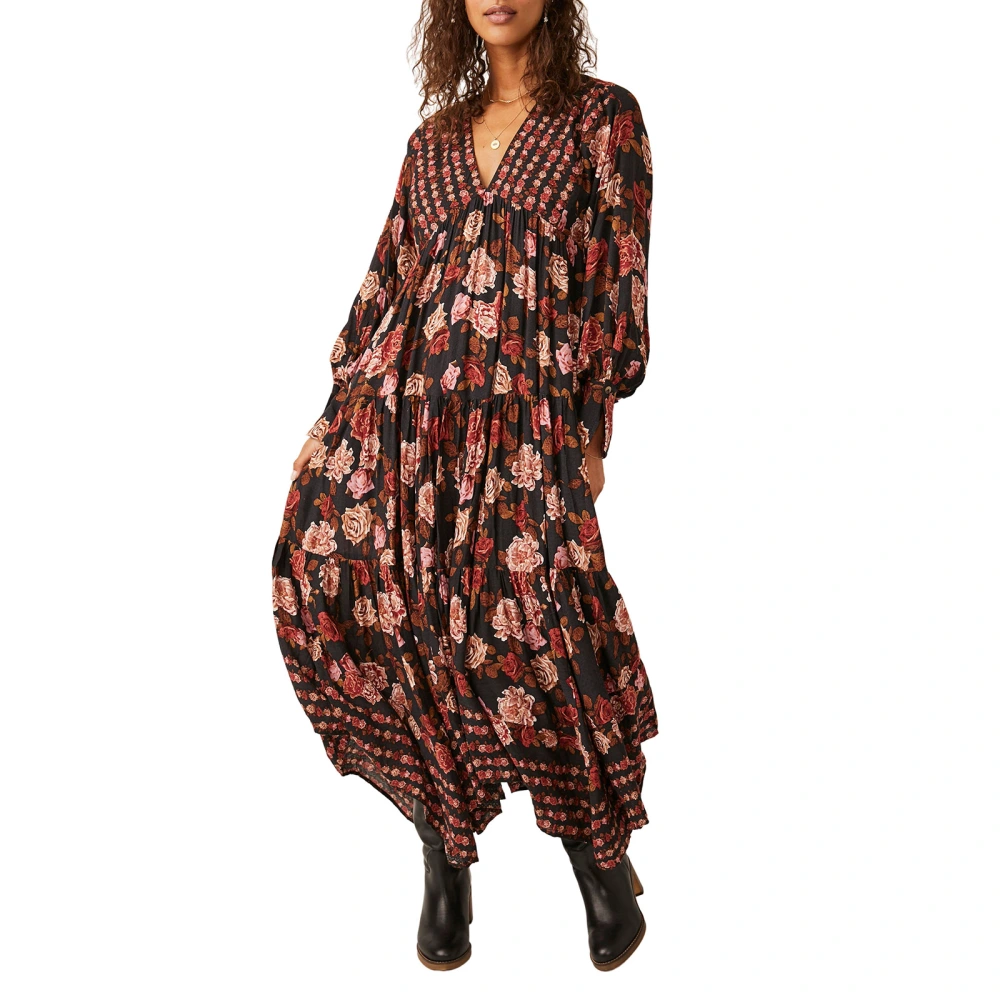 Women Long Dress, Long Sleeve V-neck Pleated Flower Print Swing Dress